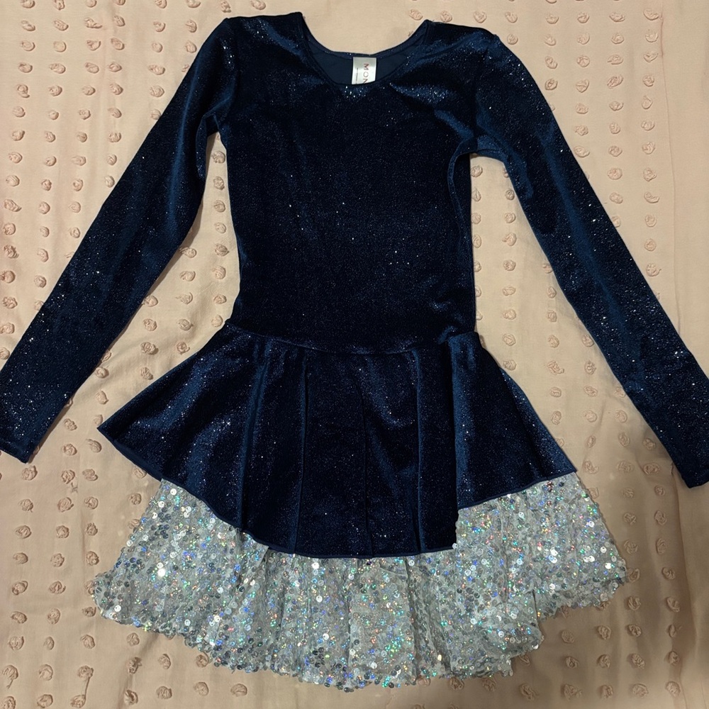 Mondor Figure skating dress royal blue with silver sequin skirt - LIKE NEW